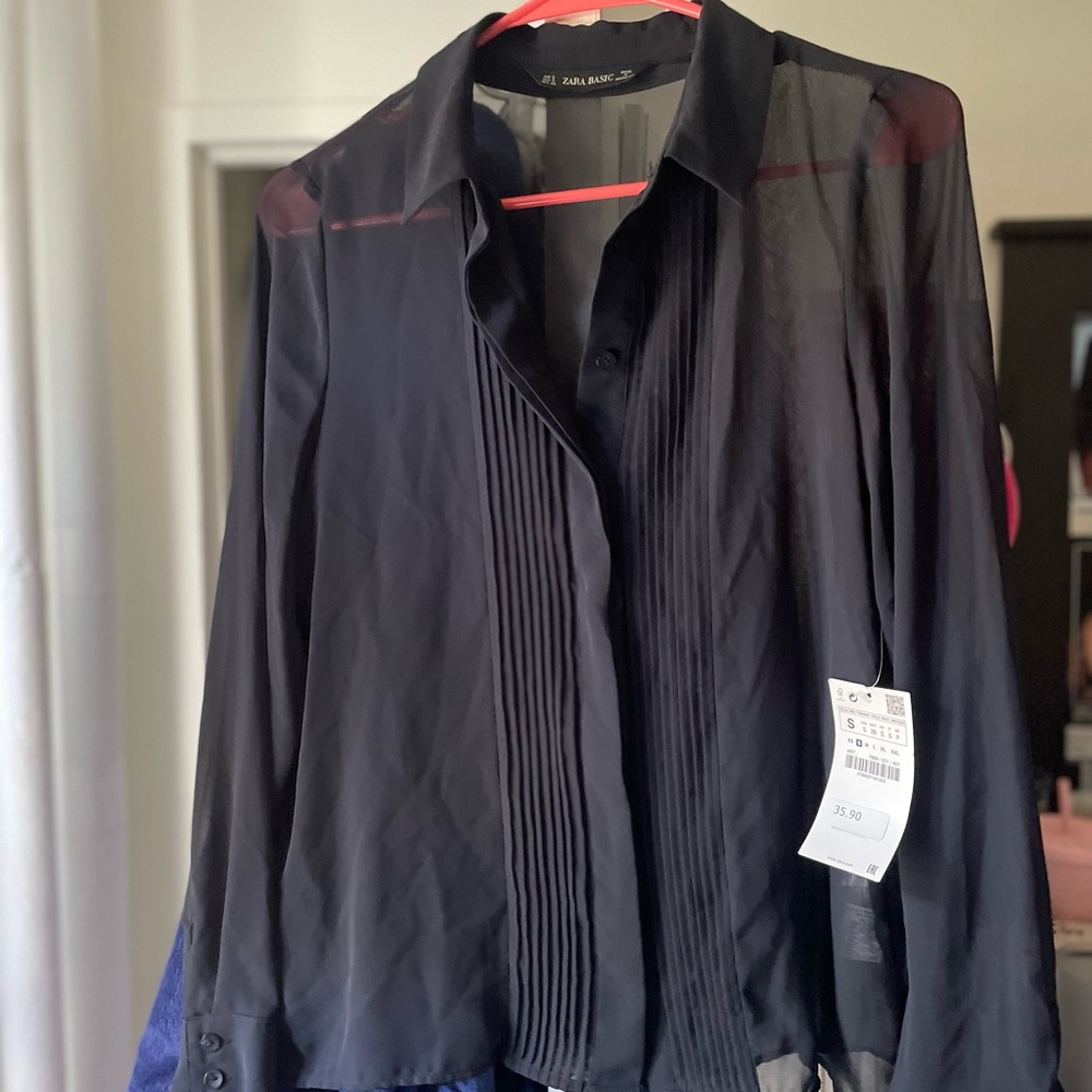 Zara Women’s Black Sheer Long Sleeve Button Down Shirt sz. small